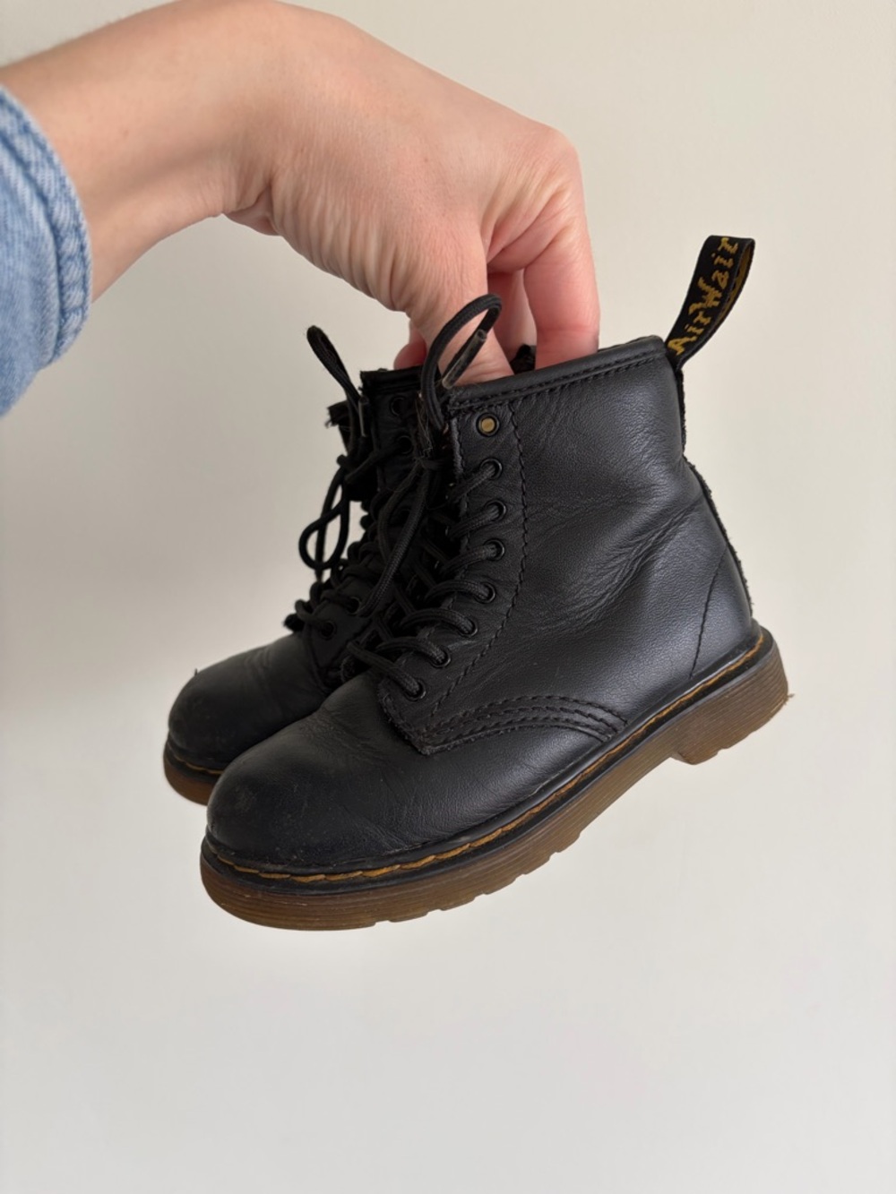 Dr. Martens Kids Black Leather Lace-Up Boots with Brown Sole